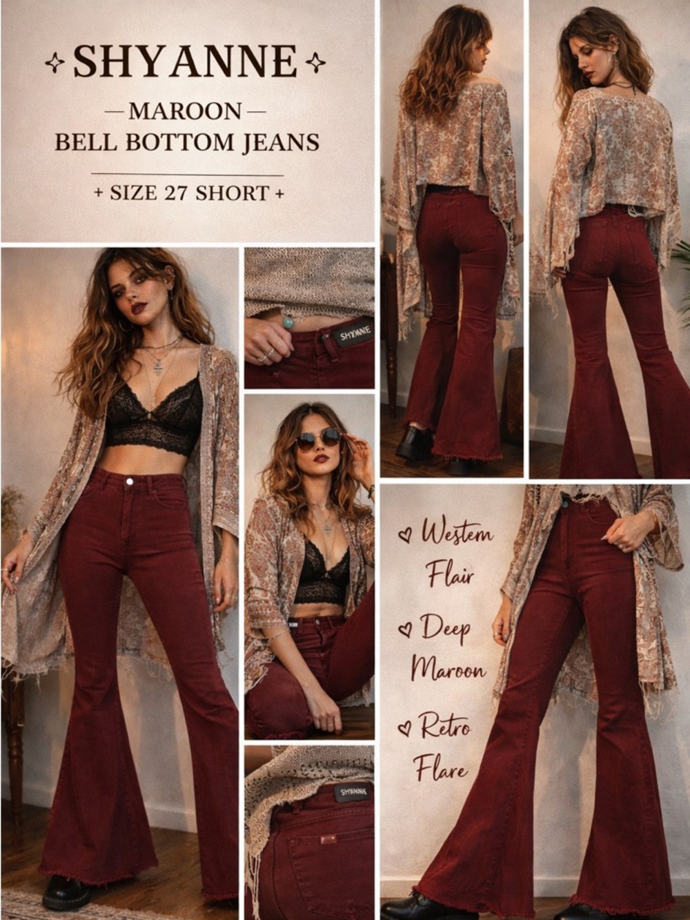 Shyanne Maroon Bell Bottom Jeans | Size 27 Short | Western Flare | High Rise